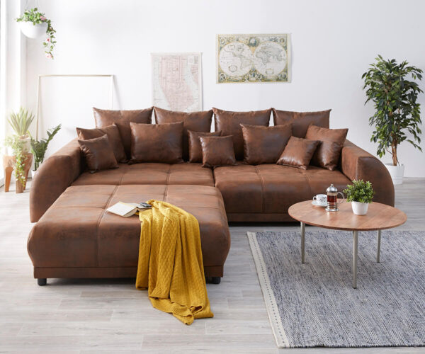 Big-Sofa Violetta 310x135 Braun Antik Optik Hocker Kissen