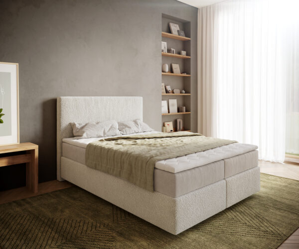 Boxspringbett Dream-Well 140x200 cm Bouclé Creme-Weiß mit Taschenfederkernmatratze und Topper Visco