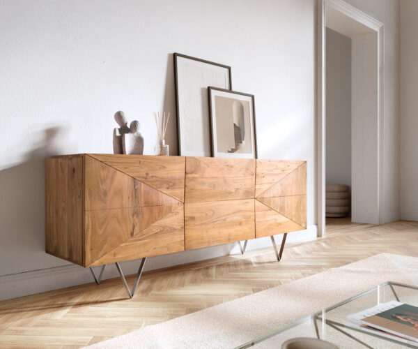 Design-Sideboard Wyatt 175 cm 3D Optik mittig Akazie Natur Edelstahl