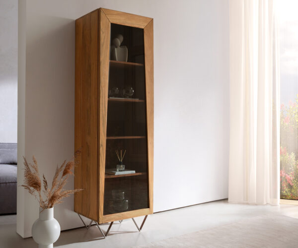 Highboard Kayu 55x180 cm Akazie Natur Vitrine 1 Tür V-Fuß