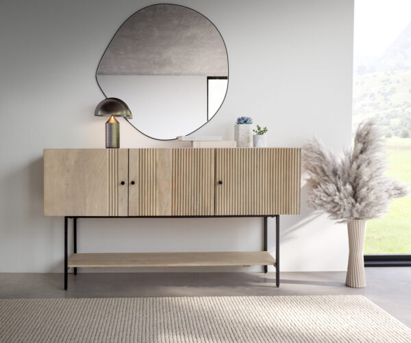 Sideboard Nencia 165 cm Mango White Wash Metall Schwarz 3 Türen