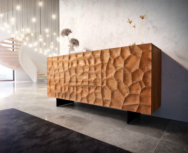 Sideboard Solu 175 cm Akazie Natur 2 Türen 3 Schübe Fuß schwebend Metall Schwarz 3D-Front